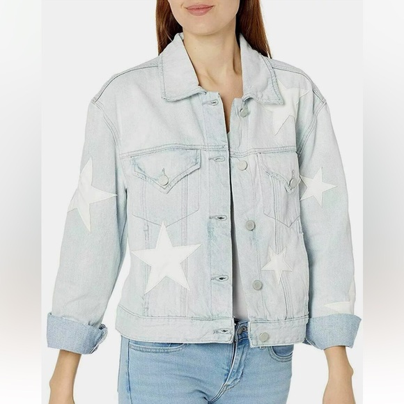 Altard State | Faux Leather Star Embellished Light Wash Denim Jacket Pockets - Picture 5 of 6